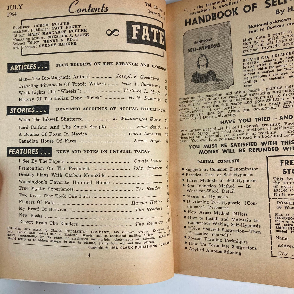 Contents page of VTG Fate Magazine, July 1964 Vol 17 No. 7. Lists articles including 'Lord Balfour's Lost Love', showcasing exploration of paranormal and unknown topics.