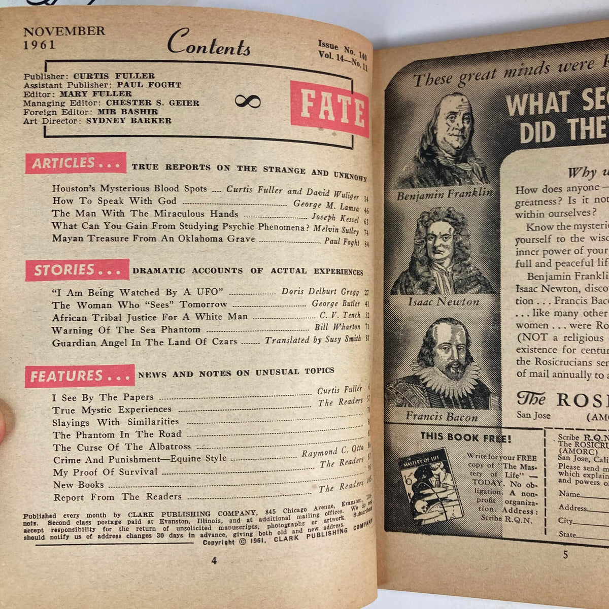 Contents page of Fate Magazine November 1961 Vol 14 No. 11 detailing articles and stories including 'Warning of the Sea Phantom'.