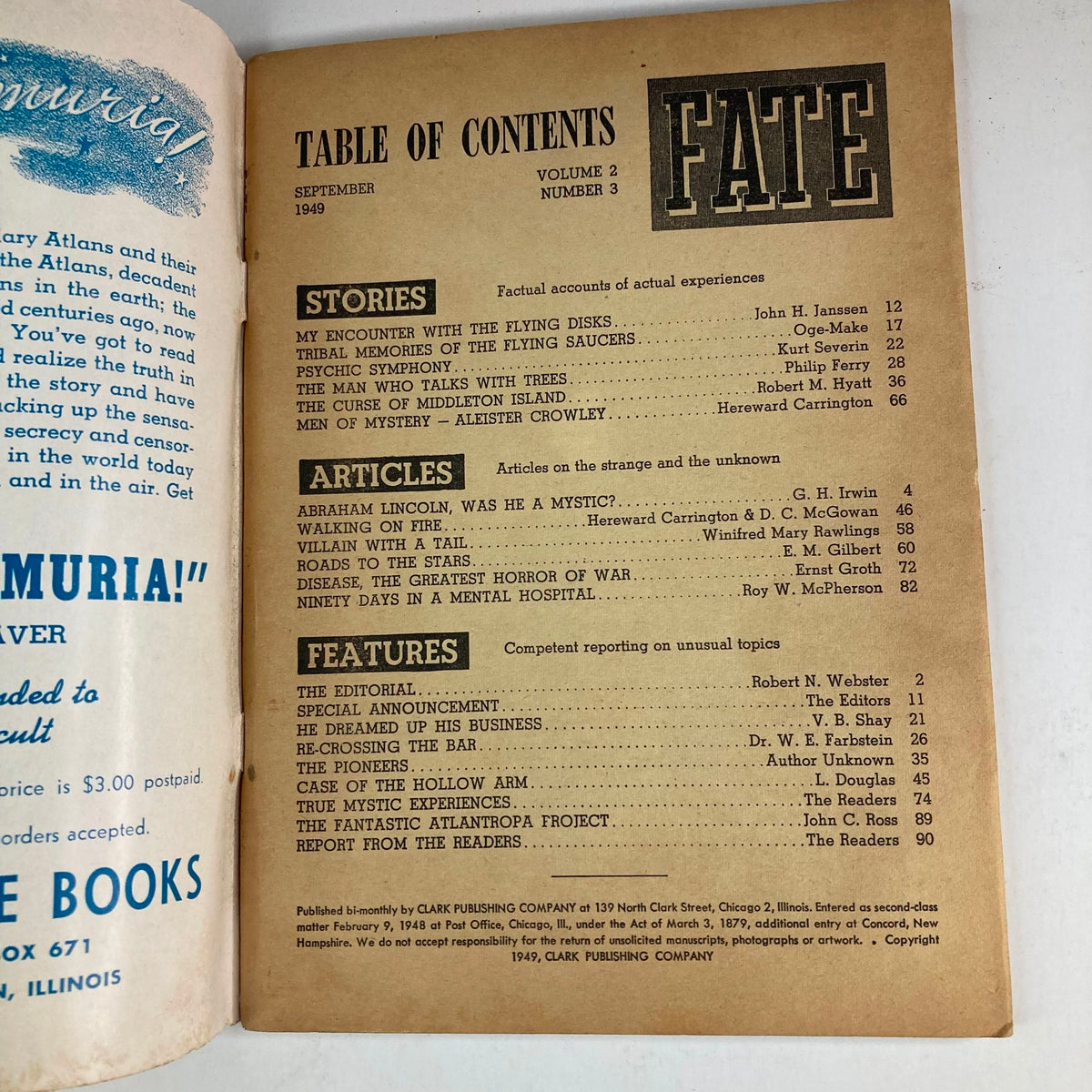 Table of contents page from VTG Fate Magazine September 1949 Vol 2 No. 3, outlining featured stories and articles including 'Abraham Lincoln, Was He a Mystic?' and 'The Curse of Middleton Island'.