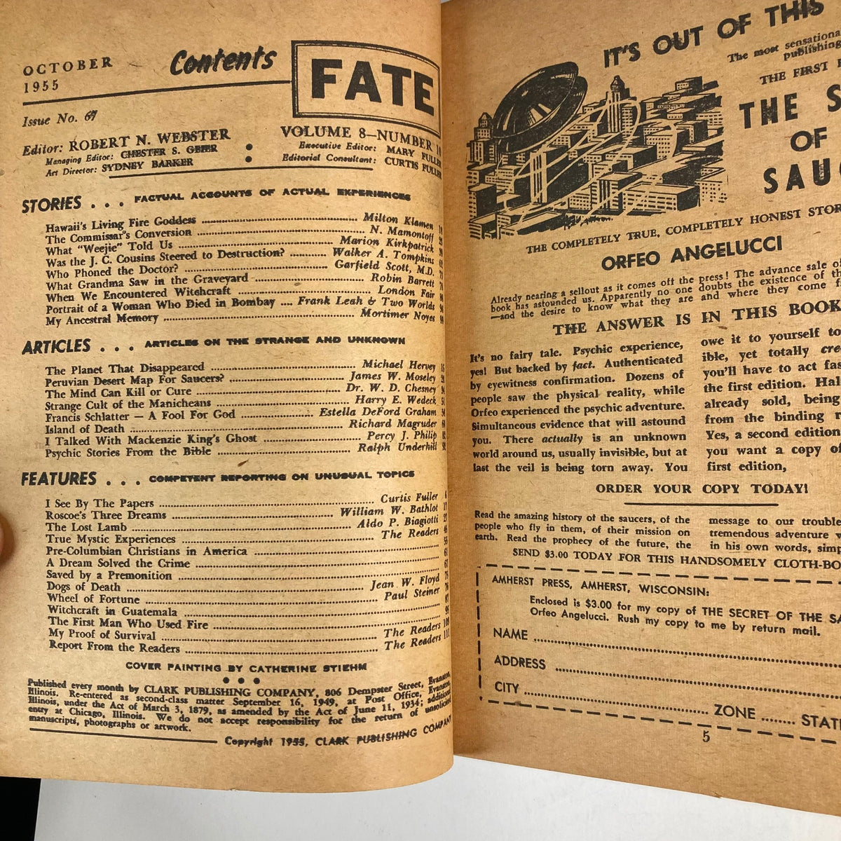 Contents page of VTG Fate Magazine October 1955 Vol 8 #10, detailing articles and stories, including 'Hawaii's Living Fire Goddess', emphasizing the magazine's focus on supernatural and unexplained phenomena.