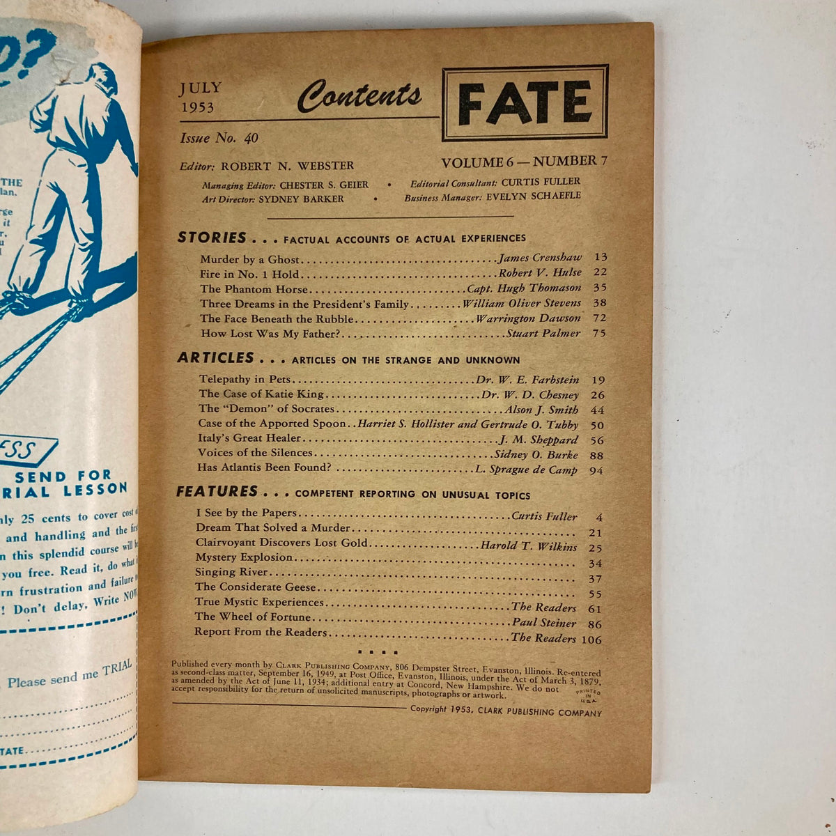 Contents page of VTG Fate Magazine July 1953 Vol 6 No. 7, listing articles and stories including 'Telepathy in Pets' and 'Murder by a Ghost'.