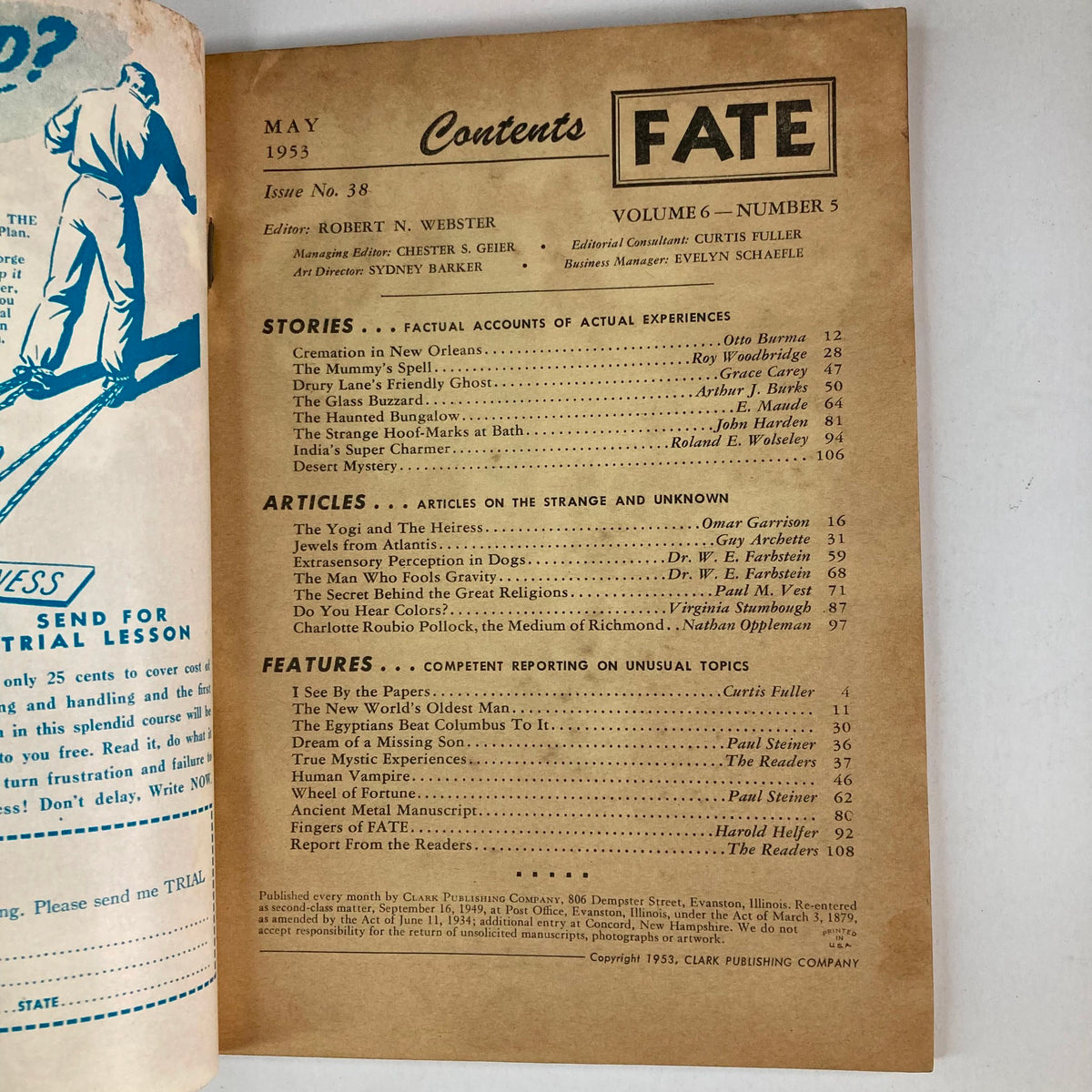 Contents page of VTG Fate Magazine May 1953 Vol 6 No. 5 detailing articles on the strange and unknown, including 'Do You Hear Colors?' and various factual accounts.