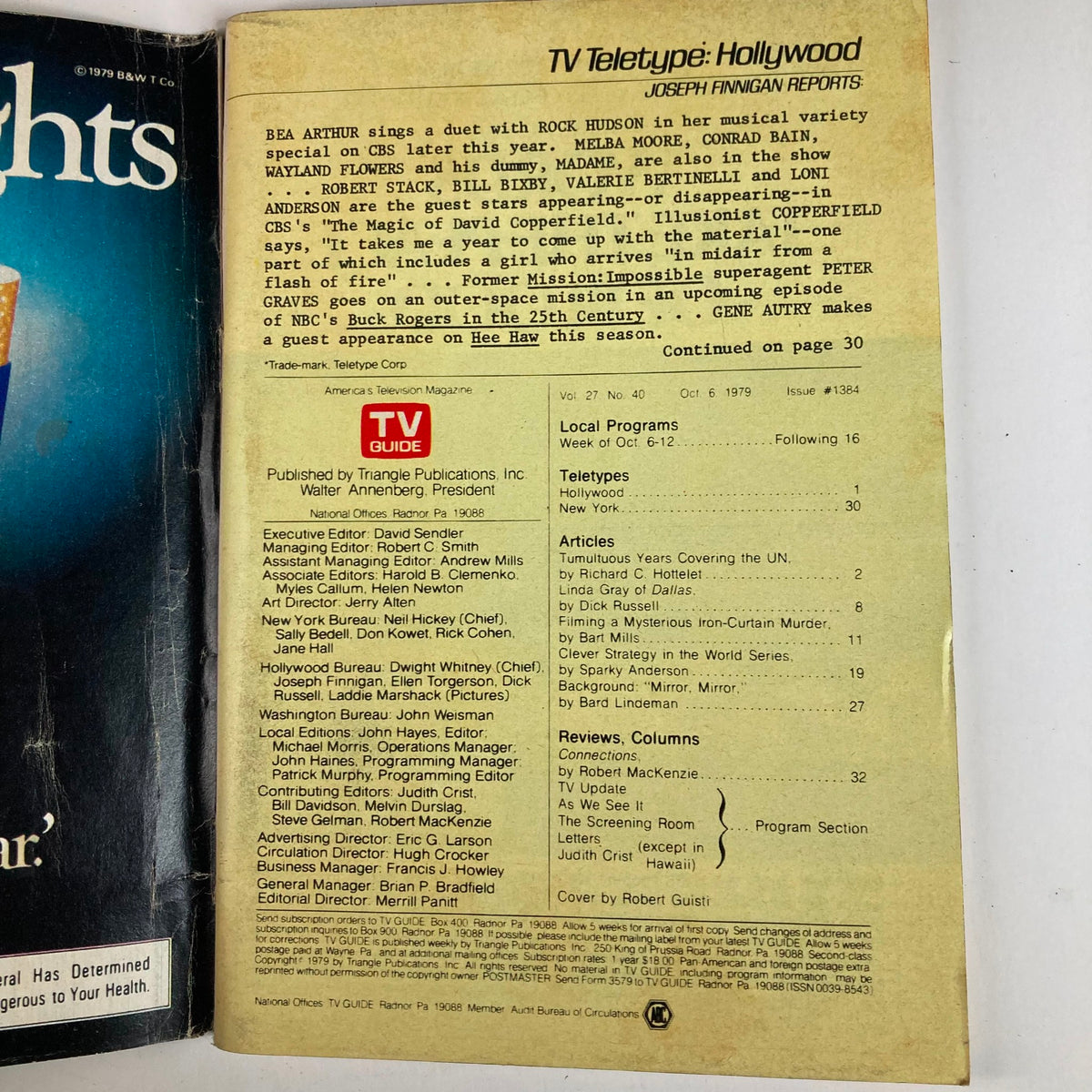 Inside page of TV Guide Magazine from October 6, 1979, issue #1384, detailing local programs and articles including a feature on the World Series and features about various television personalities.