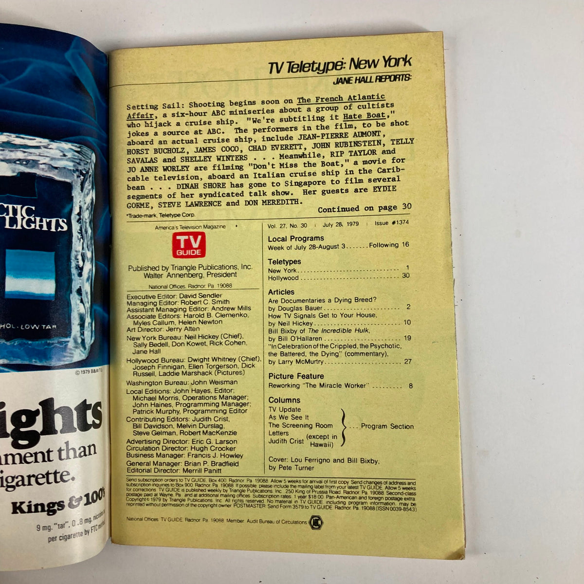 Inside page of TV Guide Magazine July 28 1979 issue #1374, detailing program listings and articles including coverage of Lou Ferrigno and Billy Bixby.