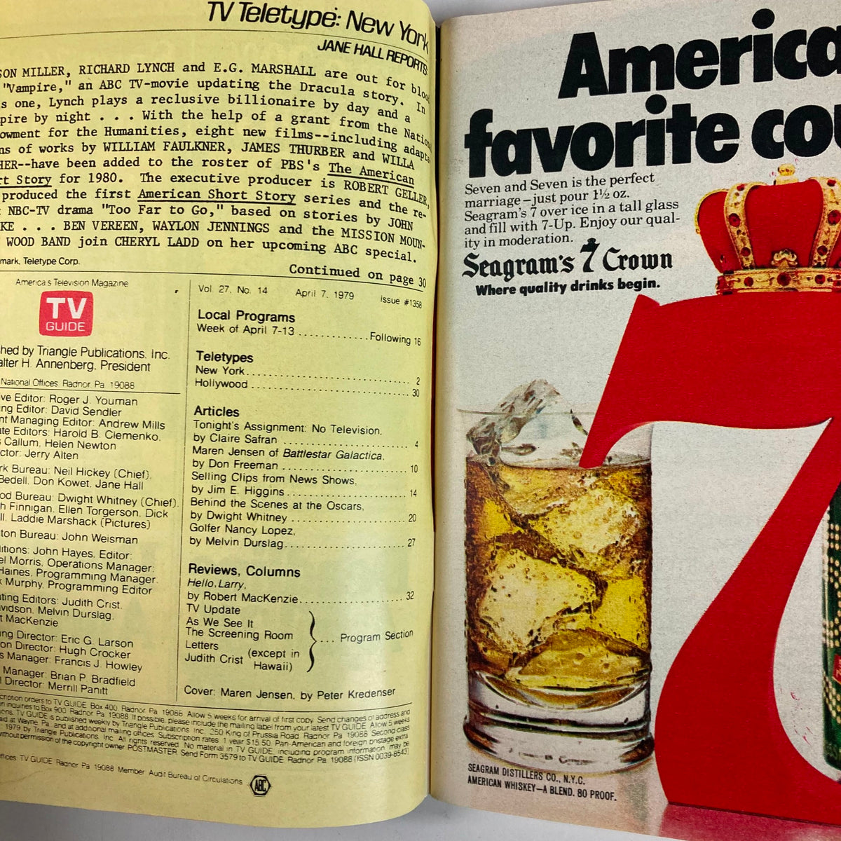 Inside page of TV Guide Magazine April 7, 1979, #1358 showcasing program listings and an article related to Maren Jensen from Battlestar Galactica.