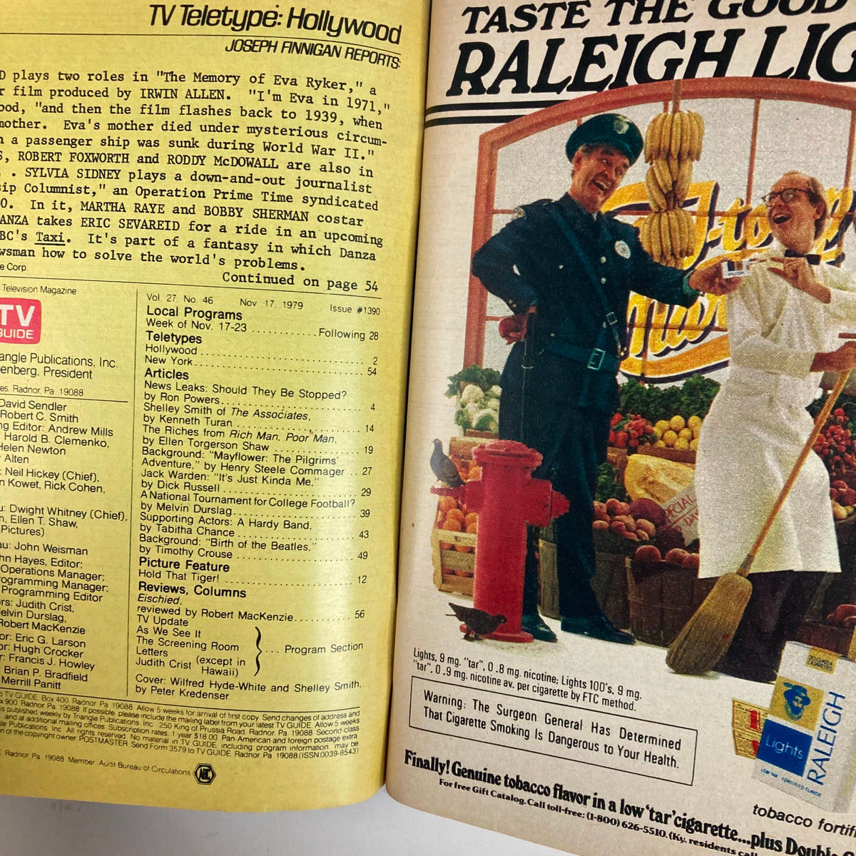 Interior page of TV Guide Magazine from November 17, 1979 showcasing articles and advertisements, including a section on Hollywood news related to Wilfred Hyde-White and other television personalities.