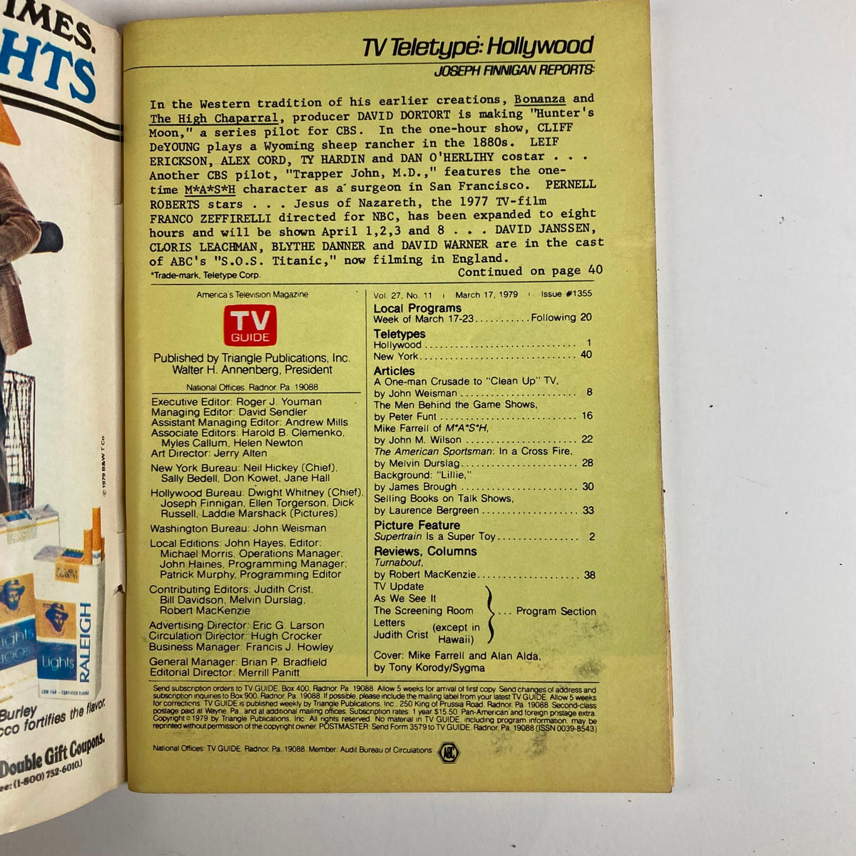 Inside page of TV Guide Magazine March 17 1979 featuring TV Teletype Hollywood reports and local program listings. Issue #1355 with details about popular shows and articles, including insights on influential TV personalities like Mike Farrell and Alan Alda.