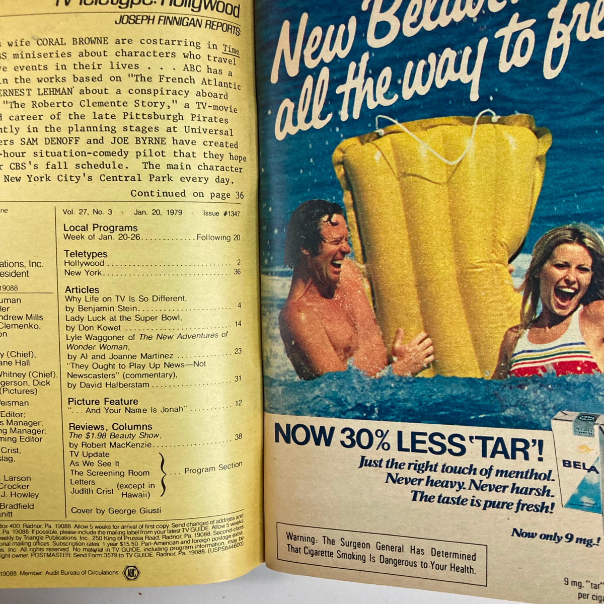 Inside page of TV Guide Magazine January 20, 1979 #1347 showing program listings and an advertisement featuring two people enjoying beach fun.