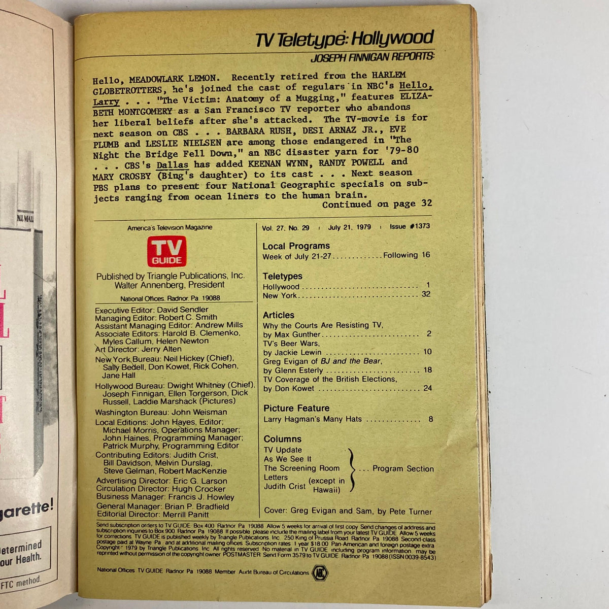 Interior page of TV Guide Magazine July 21, 1979, issue #1373, displaying articles including 'Greg Evigan of BJ and the Bear,' providing insights into television programming and celebrity features.