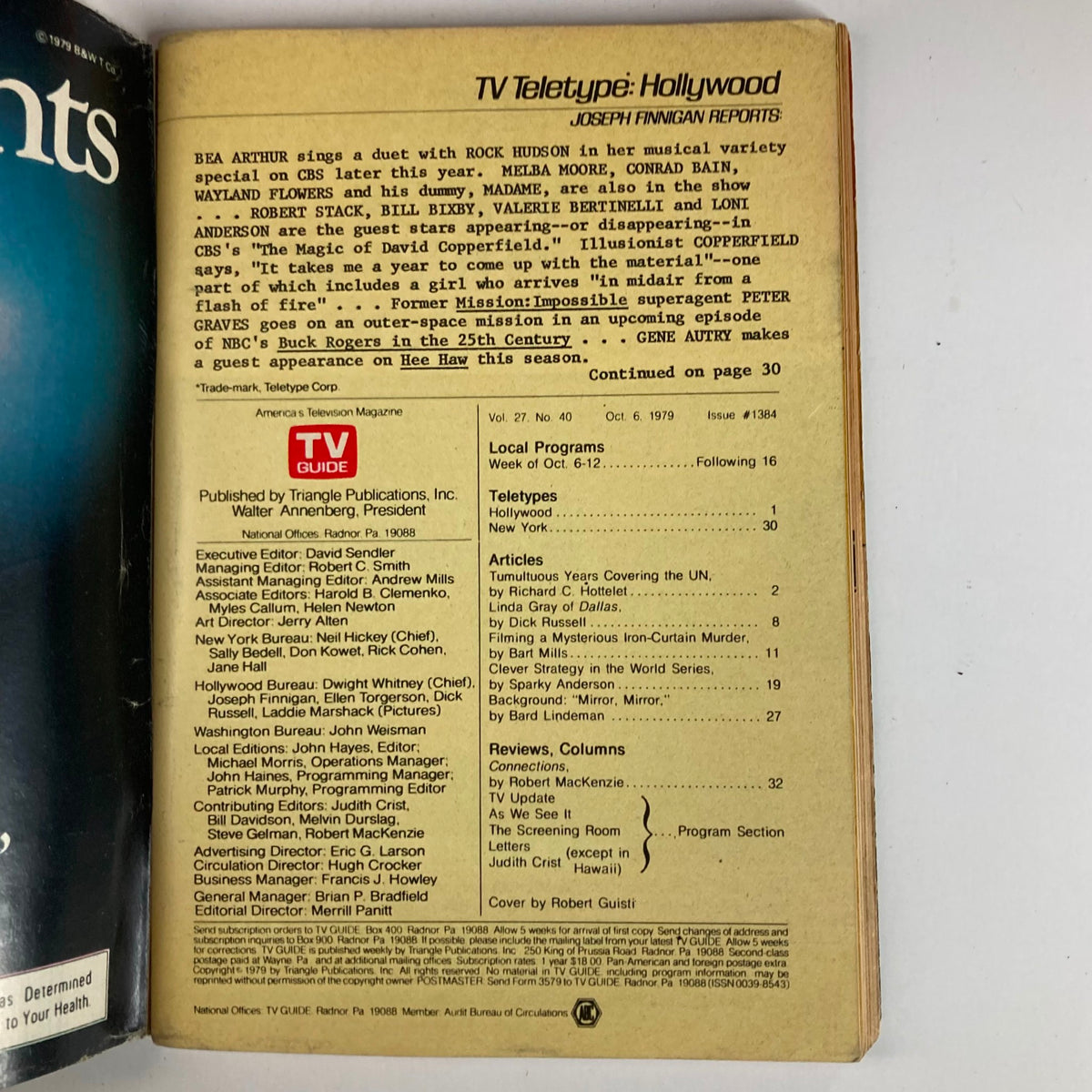 Interior page of TV Guide Magazine October 6, 1979 Issue #1384 featuring TV Teletype Hollywood section with notable mentions including Bea Arthur and Rock Hudson, reflecting television history and pop culture insights.