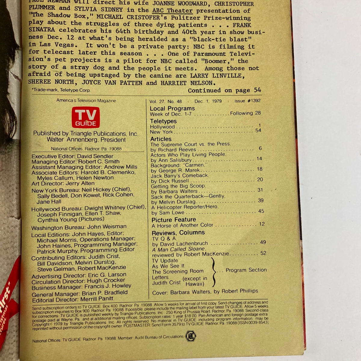 Back cover of TV Guide Magazine December 1, 1979, Issue #1392, highlighting articles and features from the issue, including Barbara Walters's contributions and notable television programs of that week.