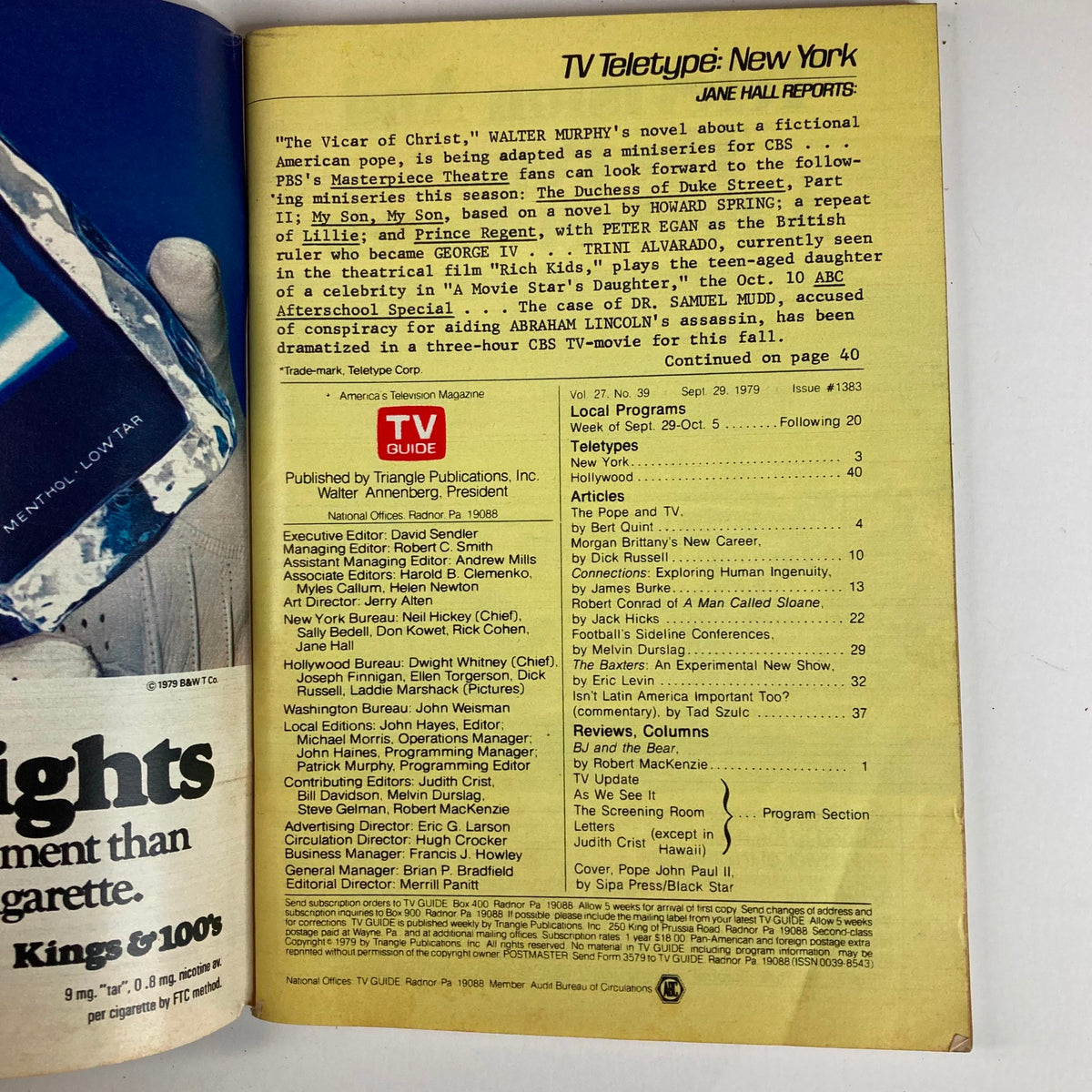 Inside page of the TV Guide Magazine September 29, 1979, detailing television programming and features, contributing to the era's pop culture landscape.