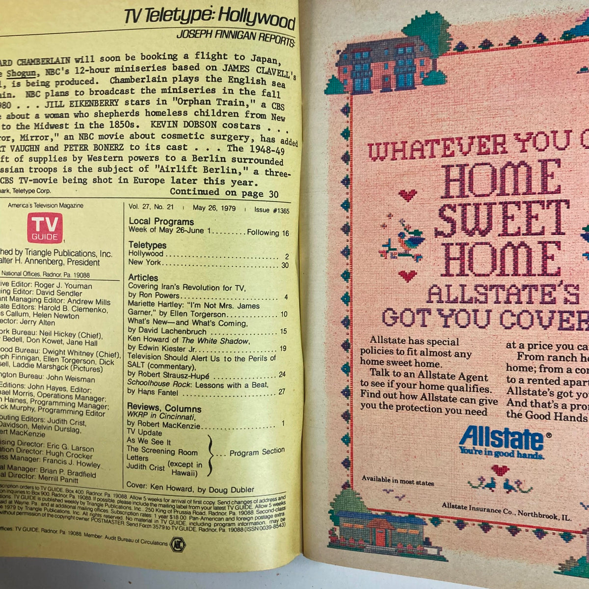 Inside image of TV Guide Magazine May 26, 1979, showing table of contents and program listings, emphasizing television articles and features present in issue #1365.