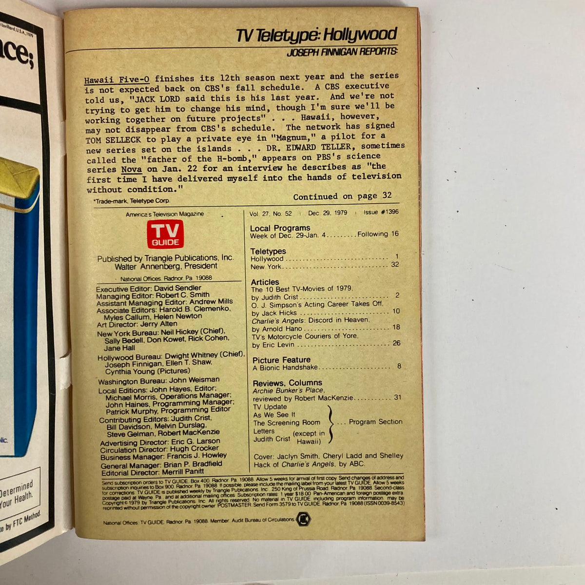 Back cover of TV Guide Magazine December 29 1979 #1396, displaying articles including 'The 10 Best TV-Movies of 1979' and featuring notable programs and insights into TV culture of the era.