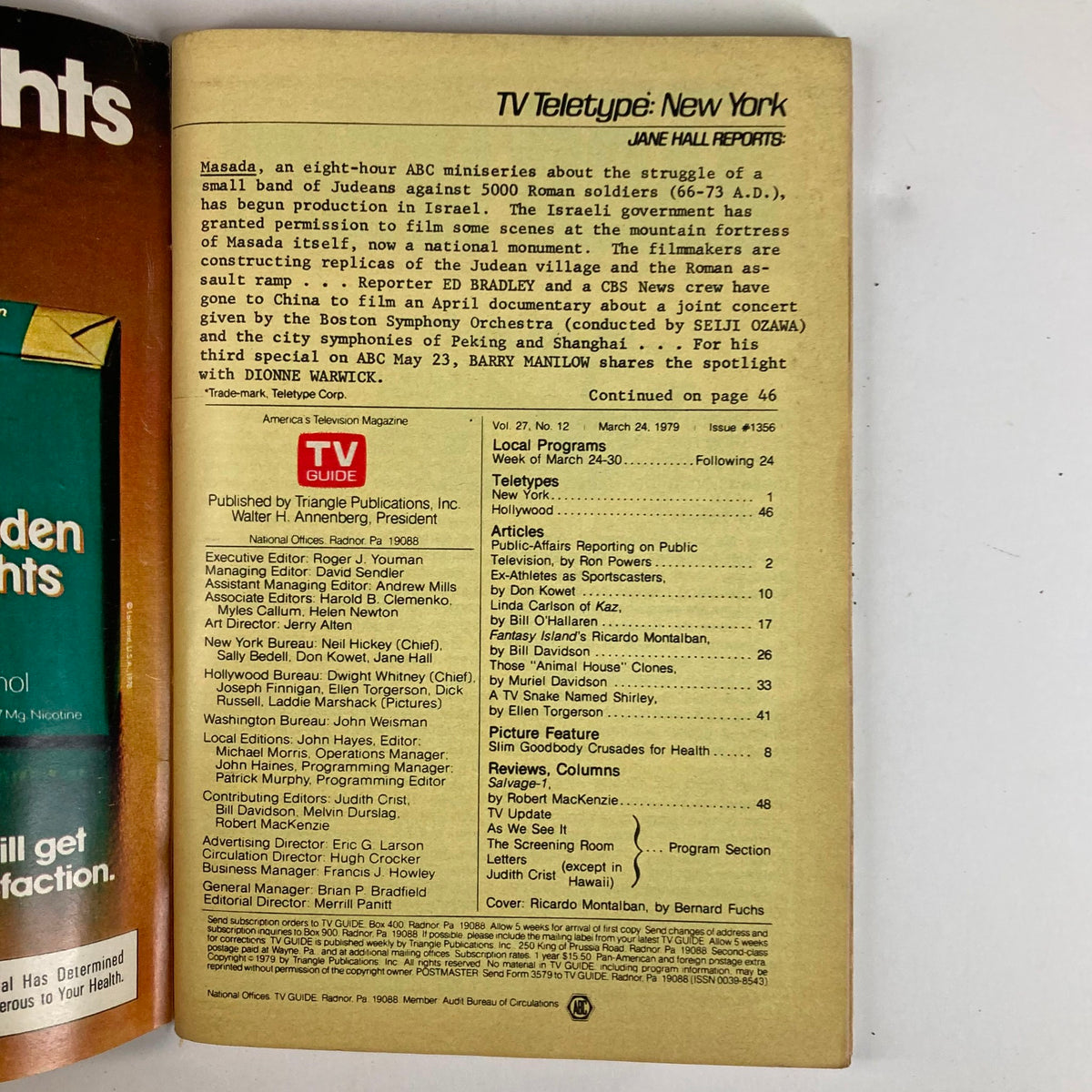 Inside page of TV Guide Magazine March 24 1979 #1356, detailing programming and articles, reflecting TV history of the era.