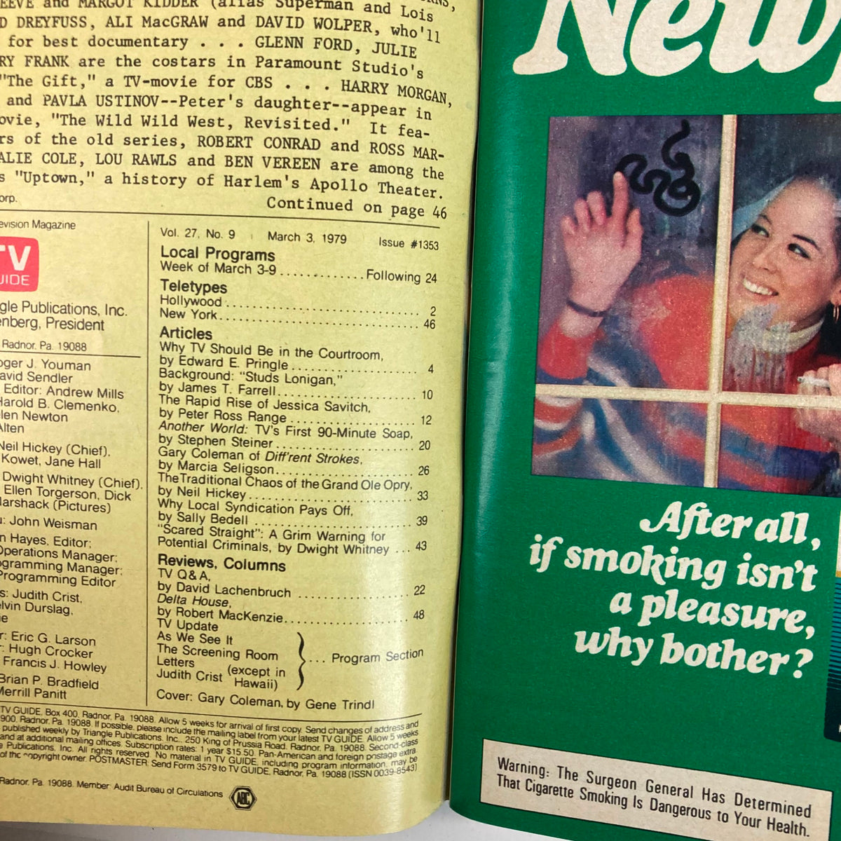 Inside pages of TV Guide Magazine March 3 1979 #1353 showcasing articles and the table of contents, including features on Gary Coleman and popular television shows.