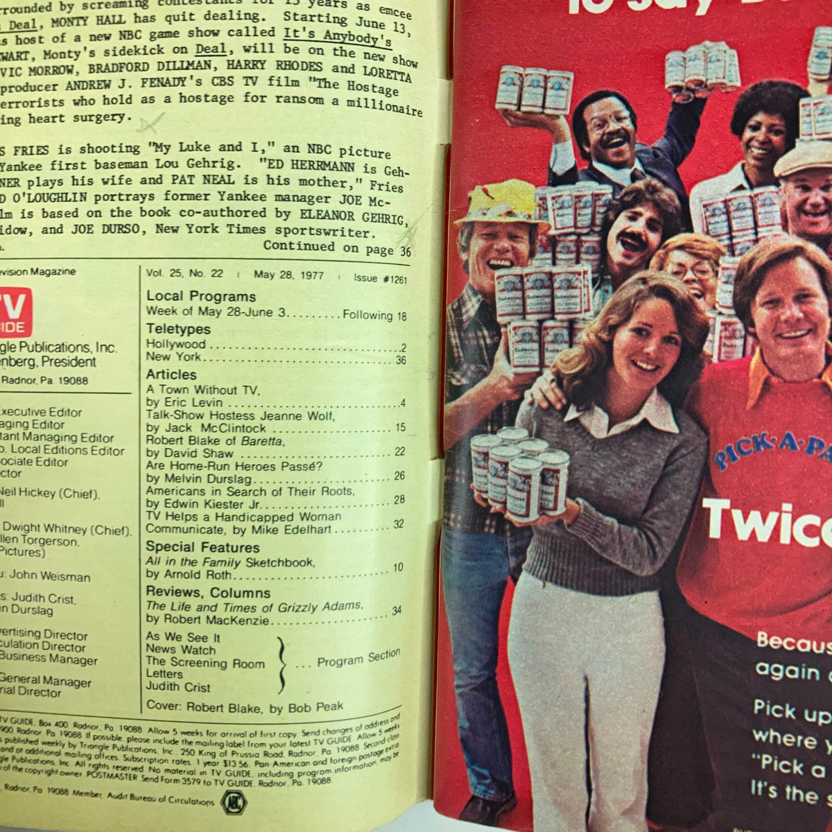 Interior page of TV Guide Magazine May 28 1977 Issue #1261, highlighting television listings and articles from the era, including details about Robert Blake and various TV programs.