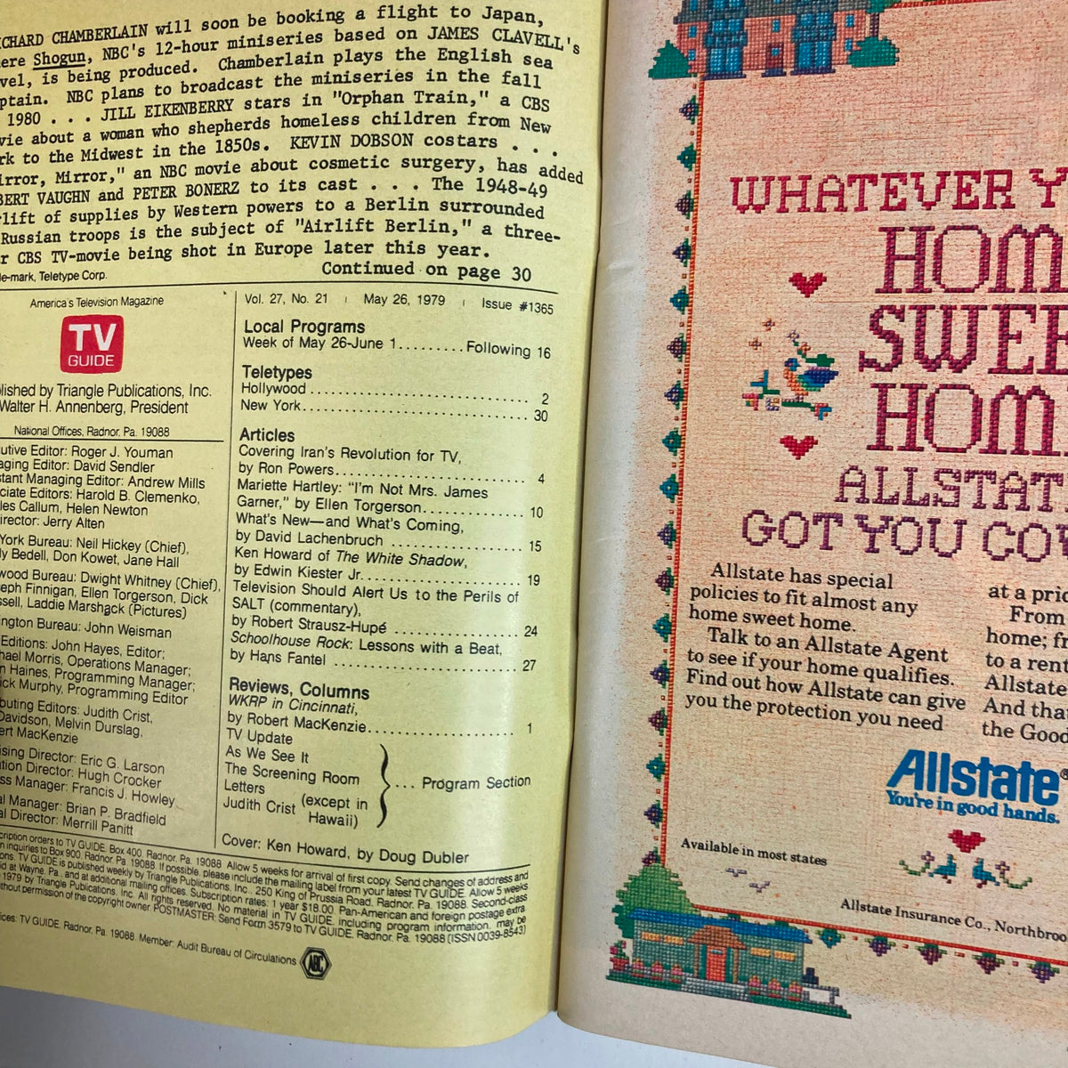 Inside page of TV Guide Magazine May 26, 1979, Issue #1365 showcasing articles and listings, highlighting Ken Howard and features from the late 70s television landscape.