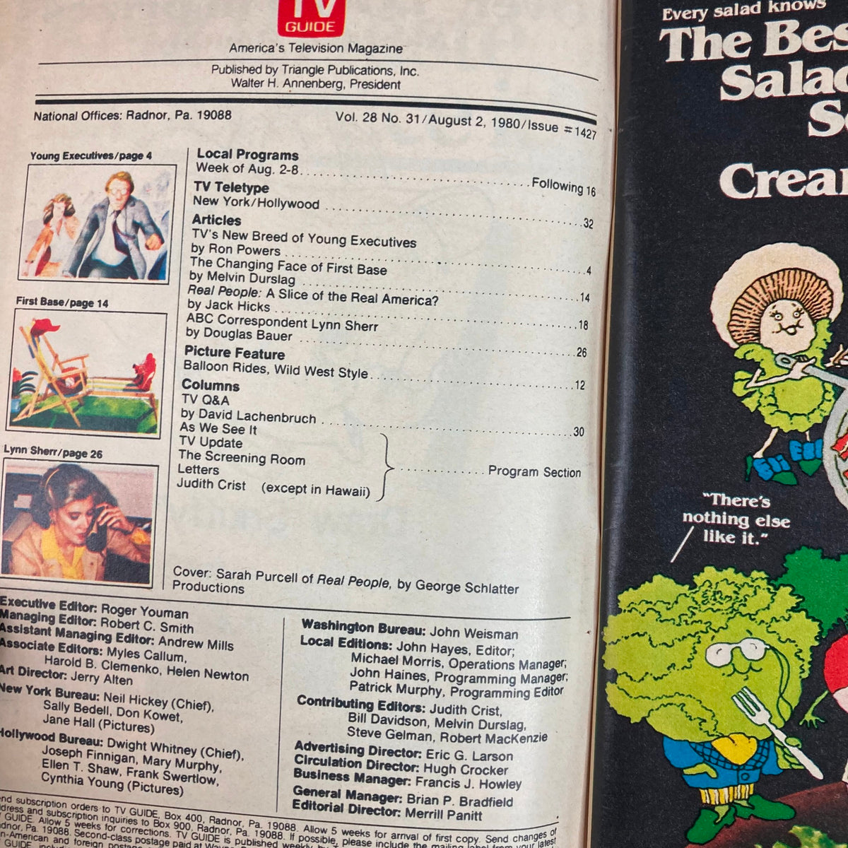 Inside page of the TV Guide Magazine August 2, 1980, issue #1427, detailing articles and features including 'Young Executives' and 'Real People: A Slice of the Real America'.