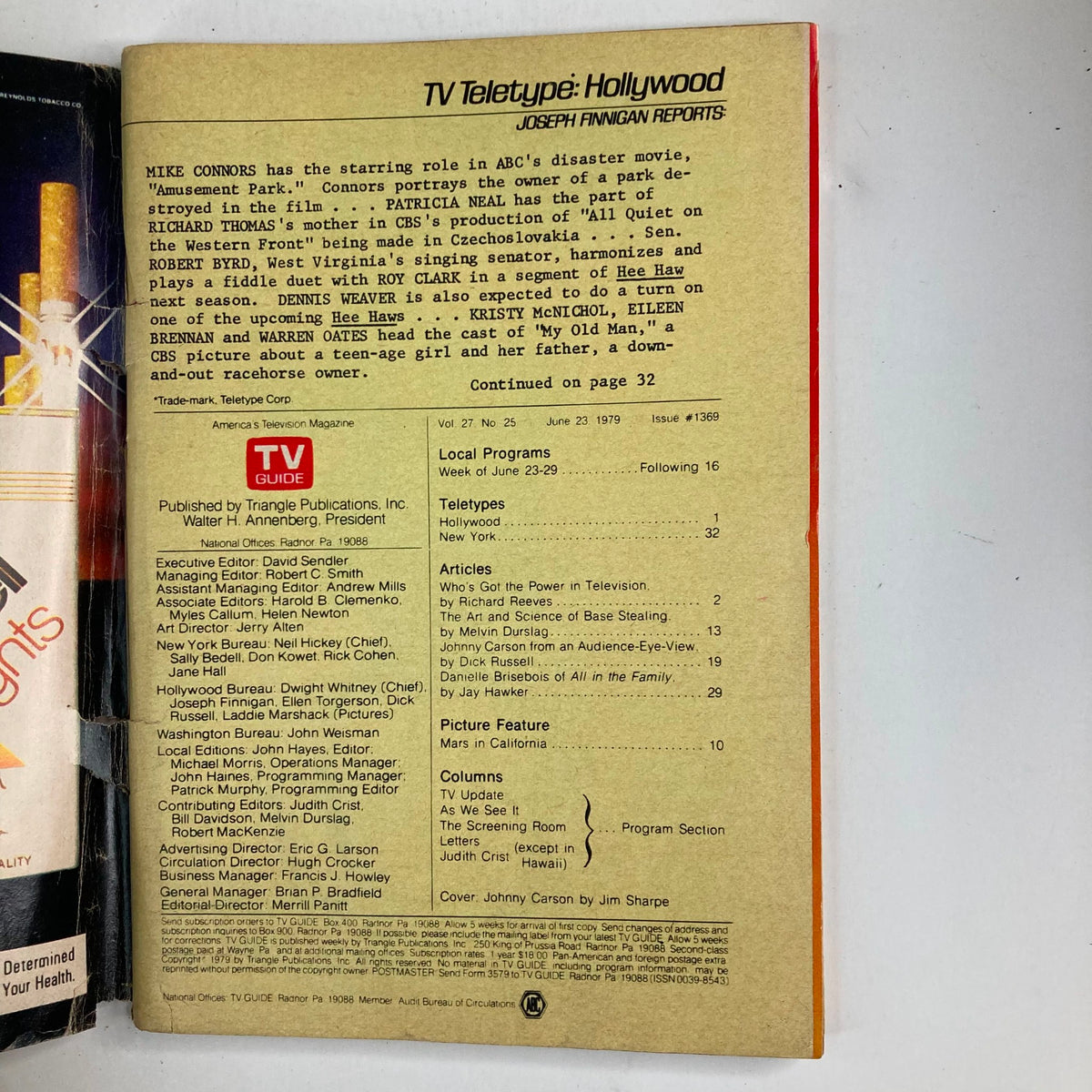 Inside page of TV Guide Magazine June 23 1979 #1369 displaying articles and programming highlights from that era.