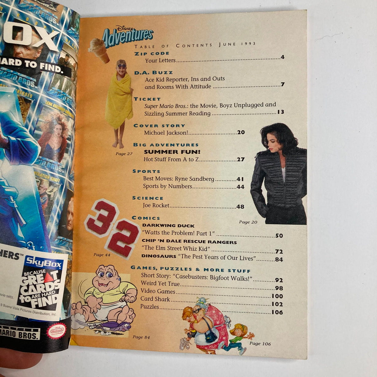 Disney Adventures Magazine June 1993 table of contents page showcasing articles including Michael Jackson as the cover story and features on summer fun.