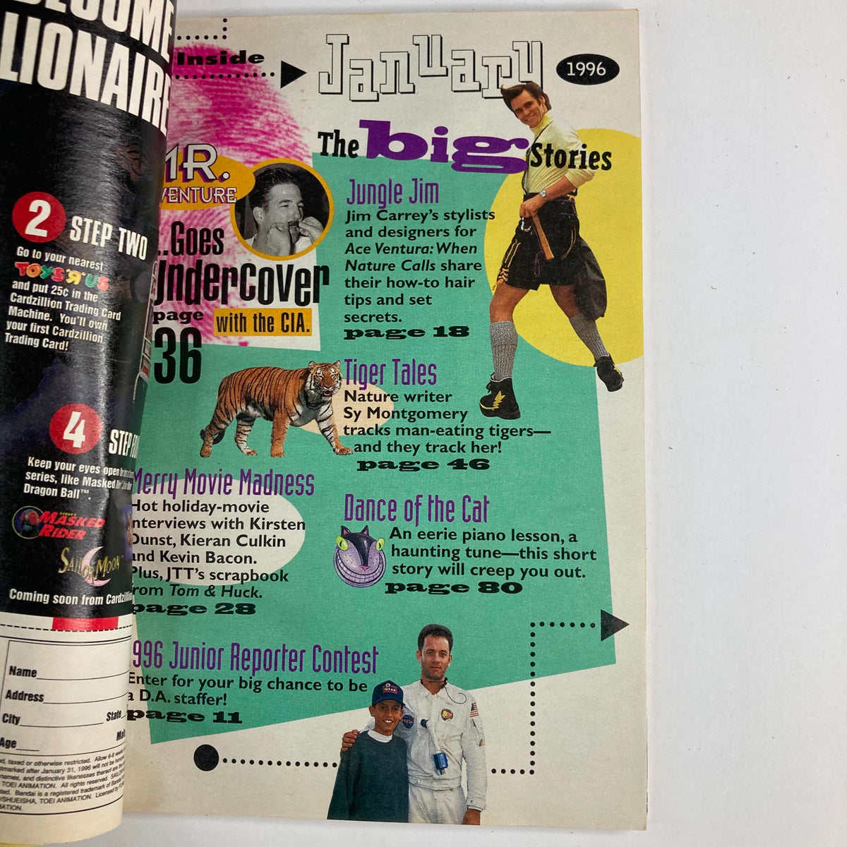 Interior page of Disney Adventures Magazine January 1996 showcasing various articles, including Jungle Jim and Tiger Tales, with colorful graphics and a playful layout.