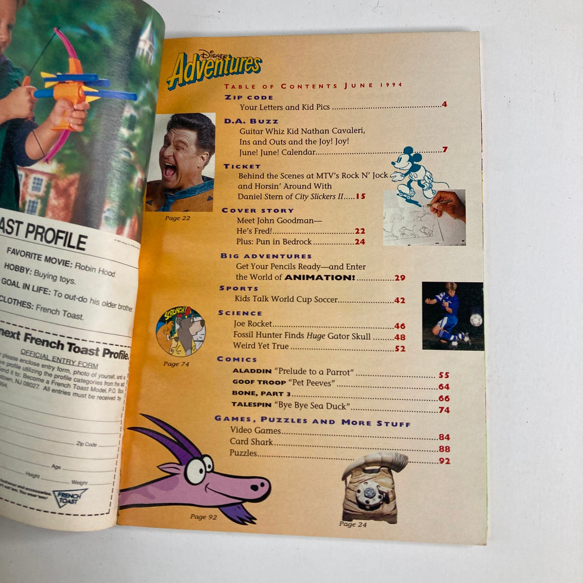 Interior page of Disney Adventures Magazine June 1994 displaying the table of contents. Features sections on animation, a cover story about John Goodman, and various games and puzzles.