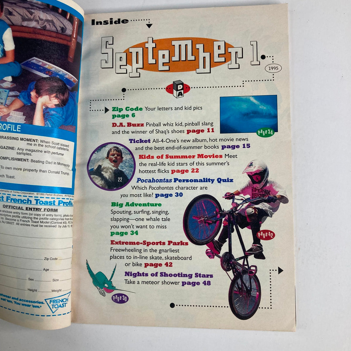 Inside page of Disney Adventures Magazine September 1, 1995, displaying table of contents with sections including 'Pocahontas Personality Quiz' and features on summer movies, capturing the fun and engaging layout typical of 1990s children's magazines.