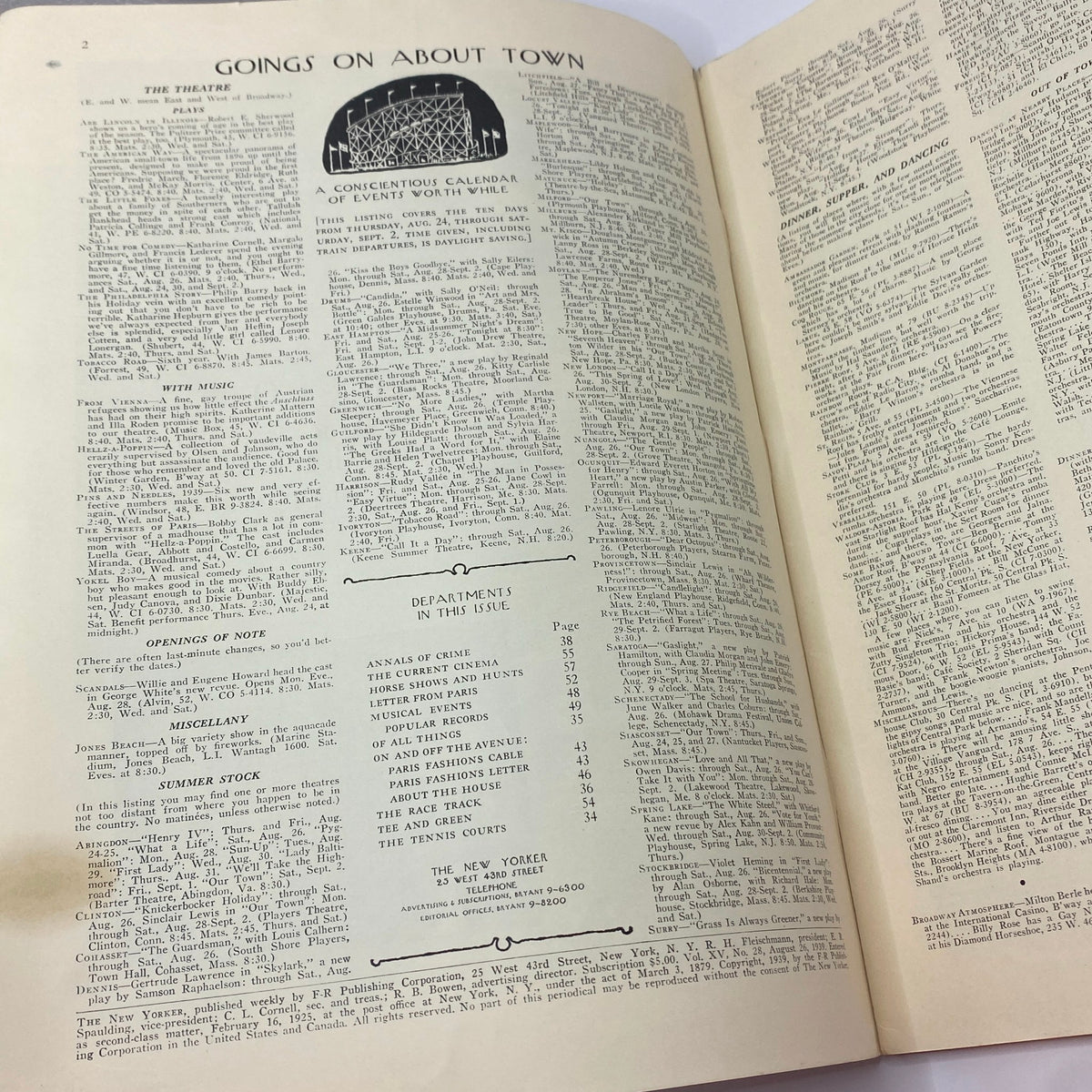 Interior page of The New Yorker magazine dated August 26, 1939, featuring 'Goings on About Town' section with event listings and advertisements, showcasing vintage typography and layout.