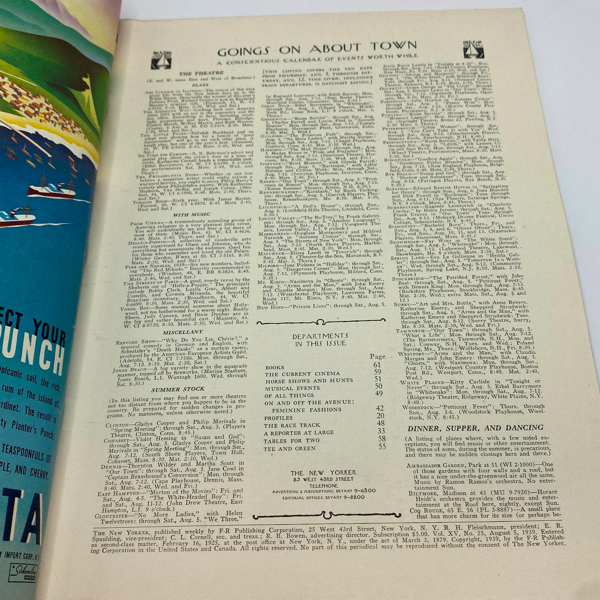 Inside page from The New Yorker Complete Magazine August 5, 1939, featuring an event calendar, reflecting the cultural and social activities of the time.