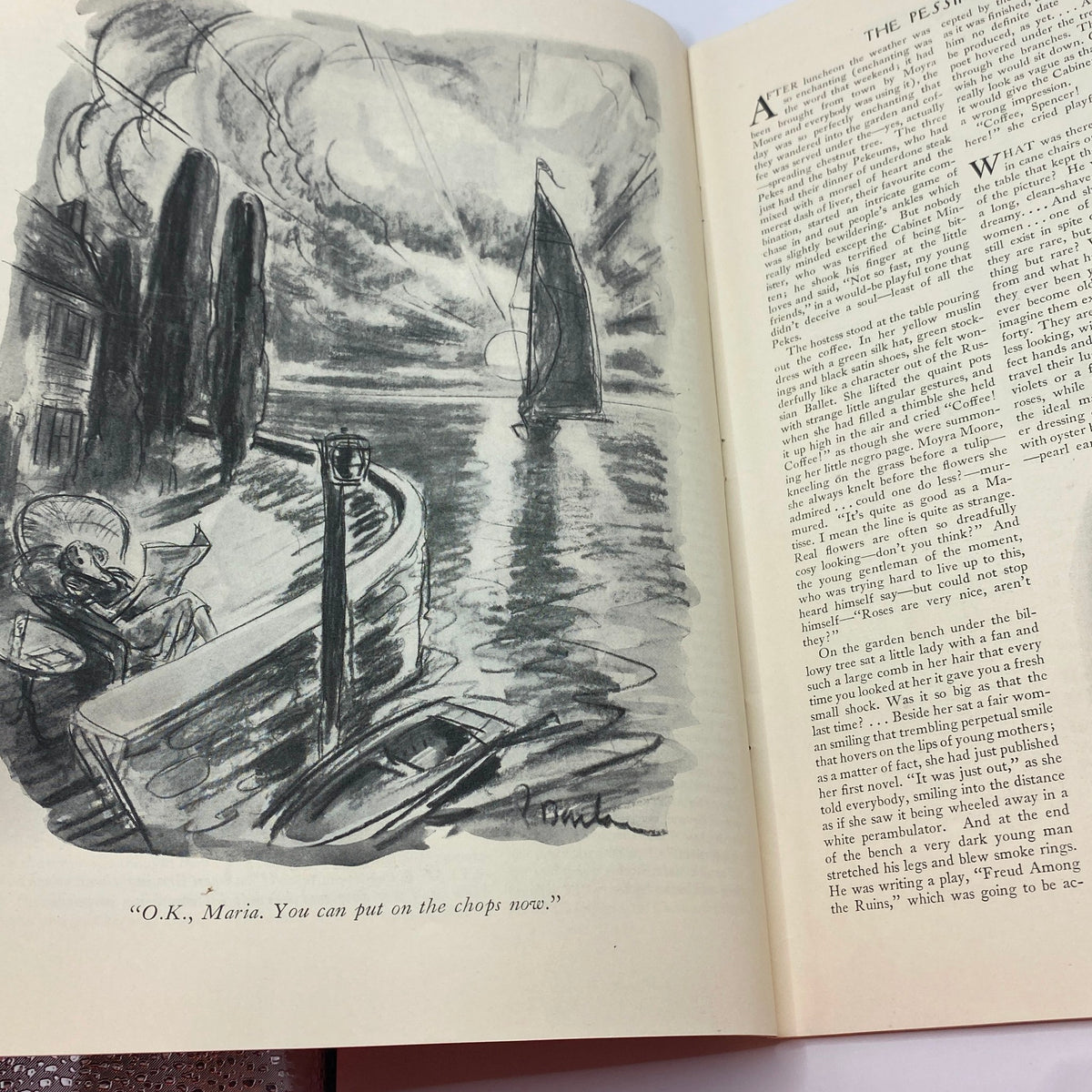 Illustration from The New Yorker Complete Magazine August 5, 1939, depicting a woman reading by the water with a sailboat in the background. Featured in a magazine cover by Constantin Alajalov.