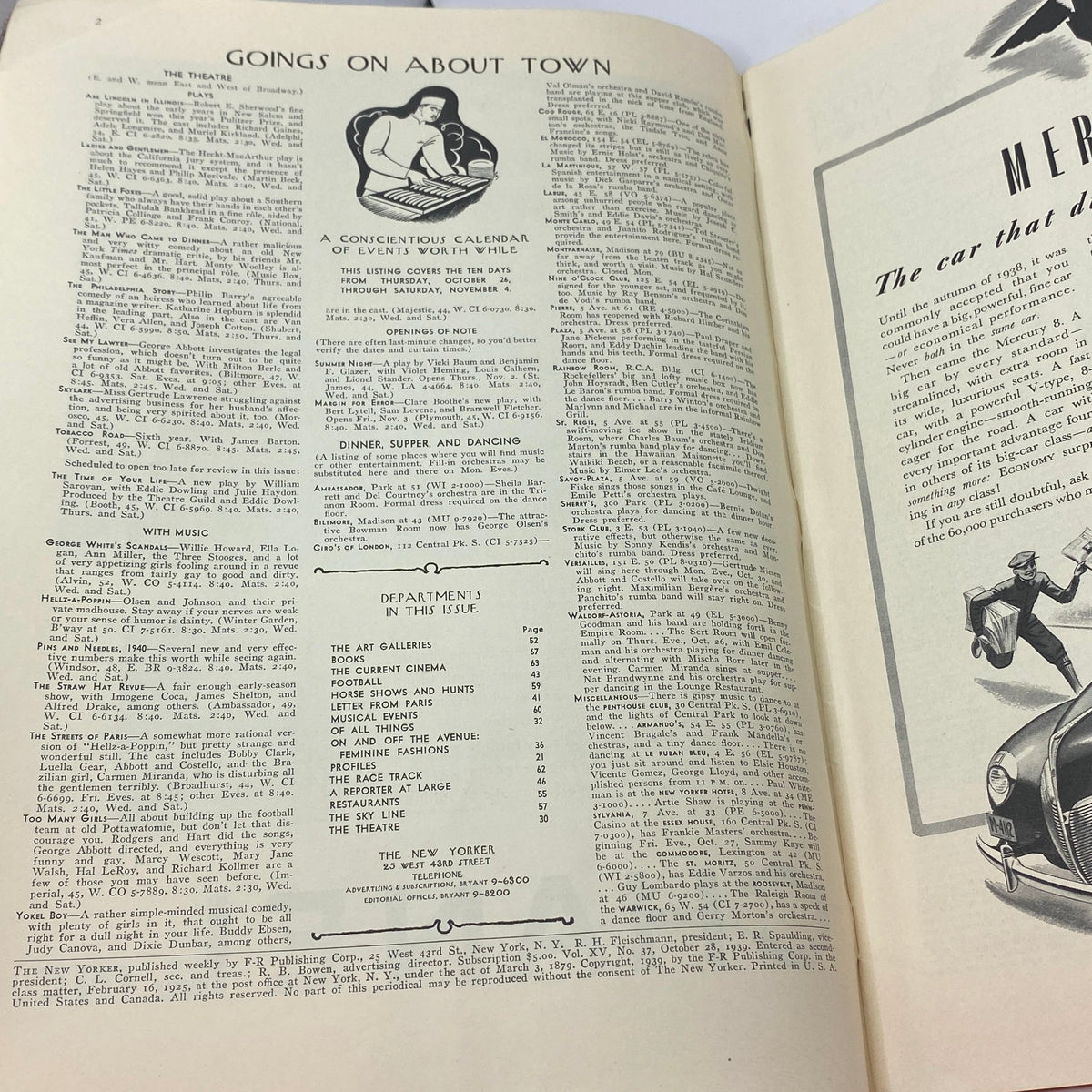 Interior page of The New Yorker magazine from October 28, 1939 featuring a calendar of events and advertisements, showcasing the vintage style and layout of the period.