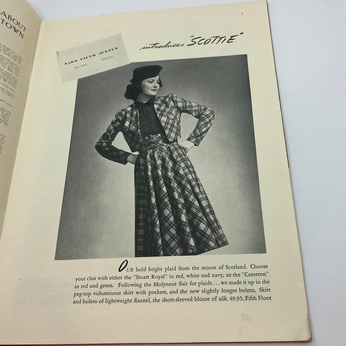 Fashion advertisement for 'Scottie' plaid dress from The New Yorker, January 21, 1939, featuring a model showcasing stylish Scottish-inspired clothing.
