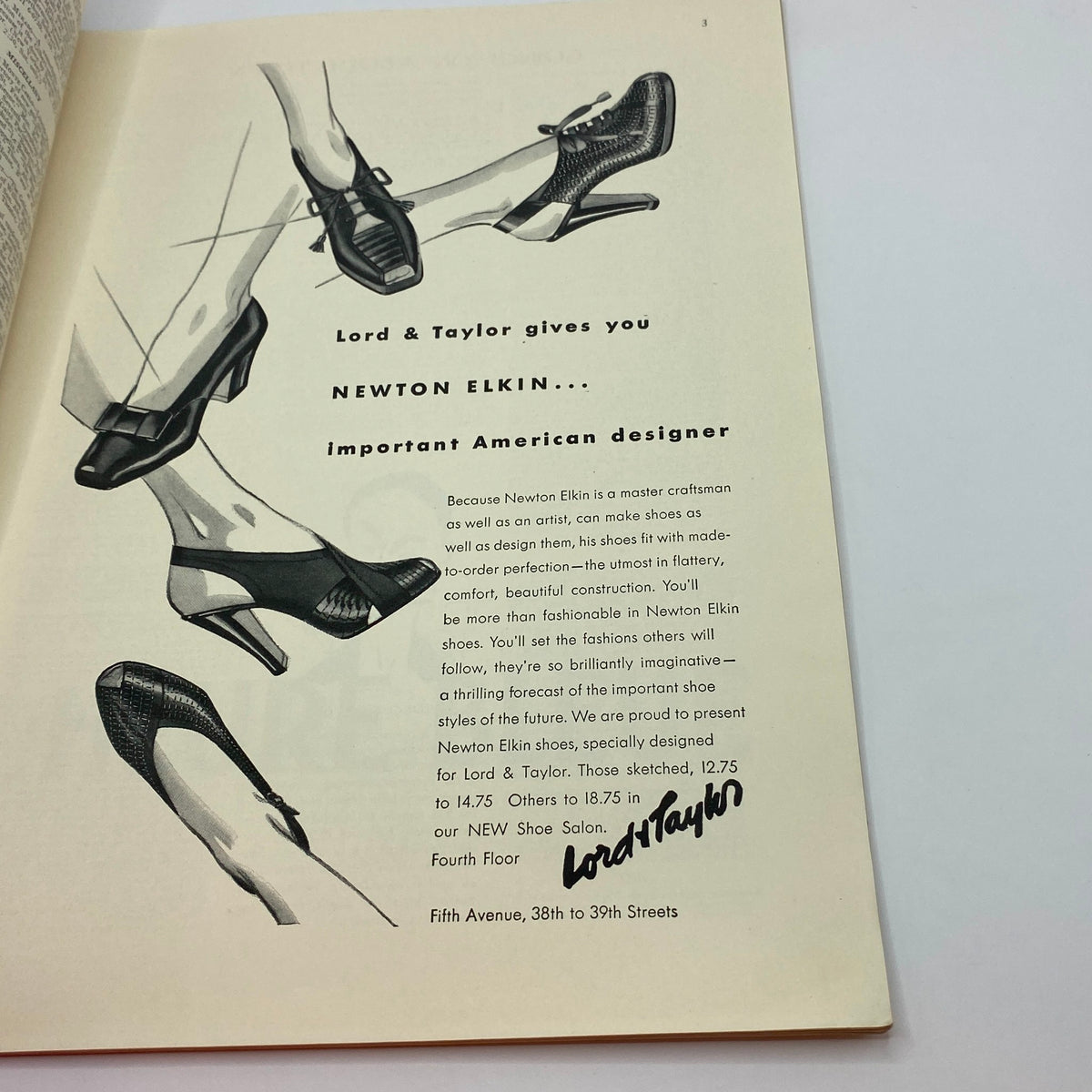 An ad page in The New Yorker Complete Magazine March 11, 1939 featuring shoes designed by Newton Elkin for Lord & Taylor, highlighting stylish footwear illustrations.