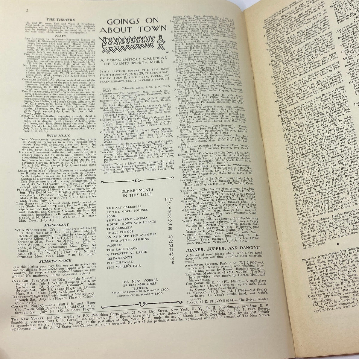 Interior page of The New Yorker magazine from July 1, 1939, featuring listings for cultural events and activities in New York City.