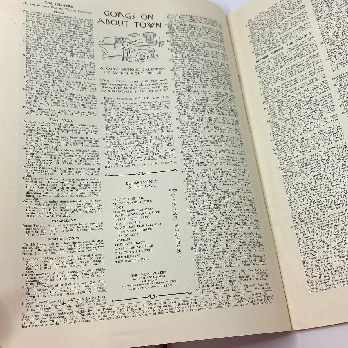 Interior page of The New Yorker magazine, July 15, 1939, featuring 'Goings on About Town' listing events along with articles and details specific to that issue, showcasing the vintage style and layout typical of mid-20th century publications.