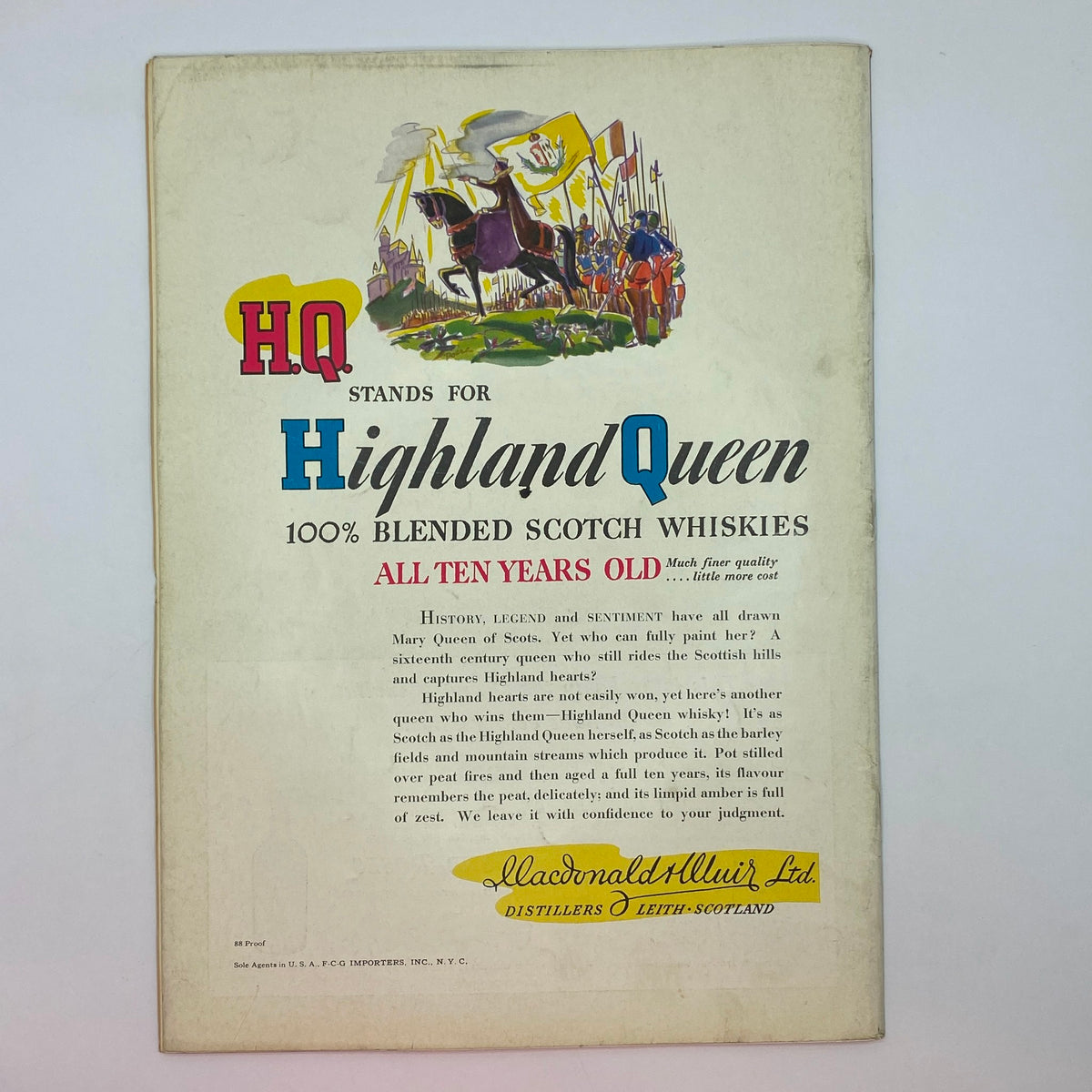 Advertisement for Highland Queen blended Scotch whiskies from The New Yorker, July 15, 1939, depicting a historical scene with horses and highlighting the whiskey's quality and heritage.