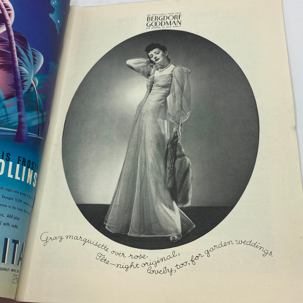 Vintage advertisement page from The New Yorker, July 22, 1939, featuring a model dressed in elegant attire from Bergdorf Goodman.