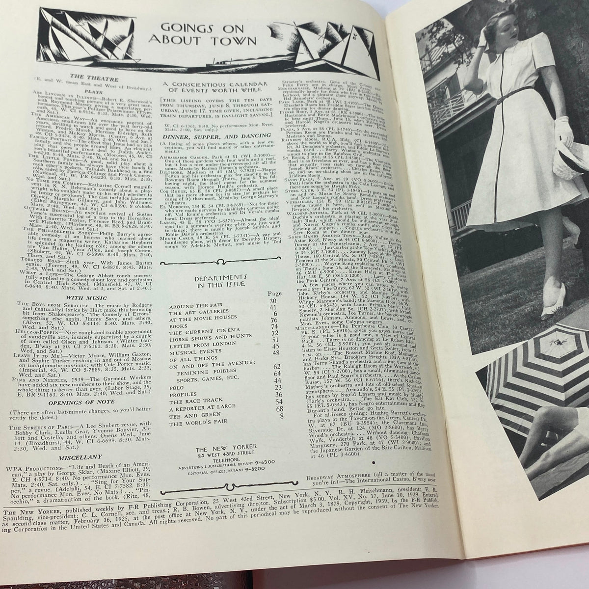 Interior page of The New Yorker magazine June 10, 1939 featuring the Goings On About Town section with event listings and a distinctive illustration.