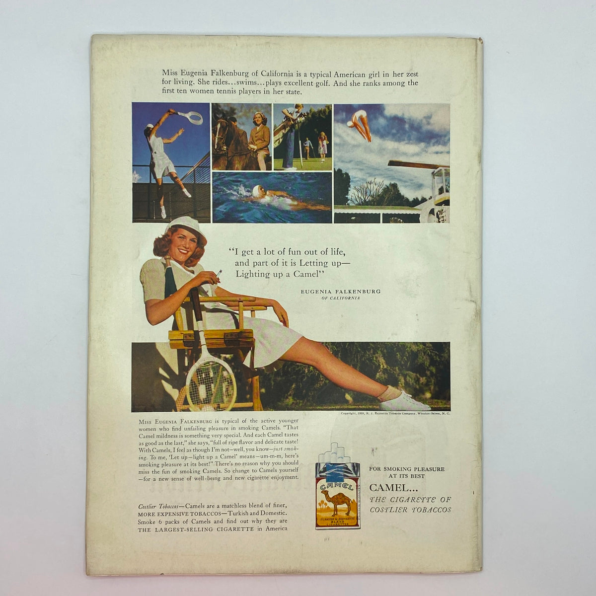 Back cover of The New Yorker magazine June 10, 1939 featuring a Camel cigarette advertisement featuring Eugenia Falkenburg and various outdoor activities.