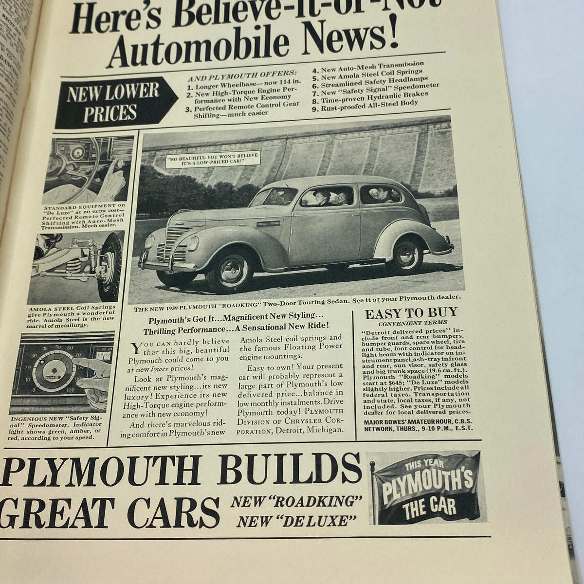Automobile advertisement in The New Yorker Complete Magazine November 5, 1938 promoting the new 1939 Plymouth with promotional text and car image.