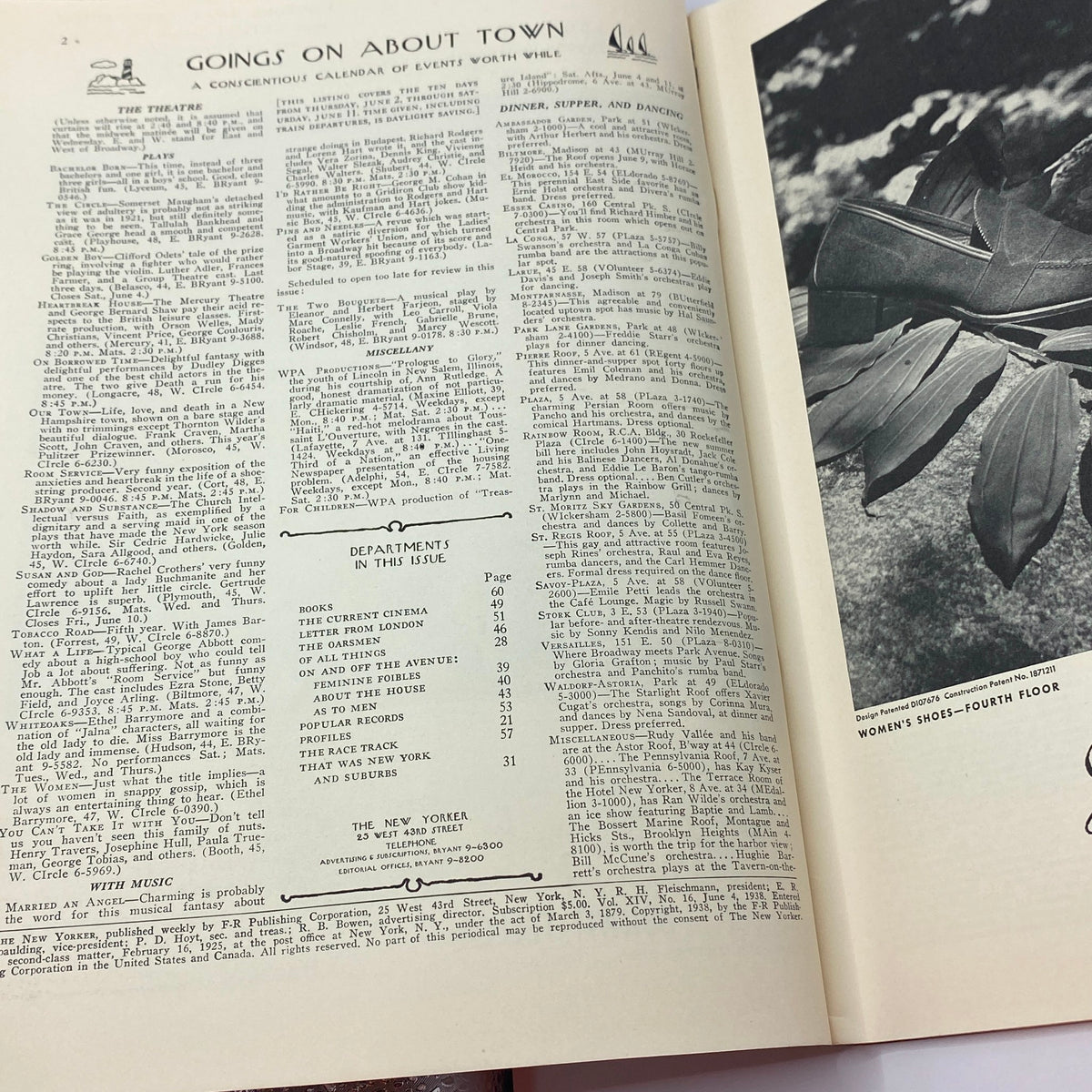 Interior of The New Yorker magazine from June 4, 1938, displaying events and activities in New York City, alongside a detailed table of contents, highlighting cultural happenings of the time.