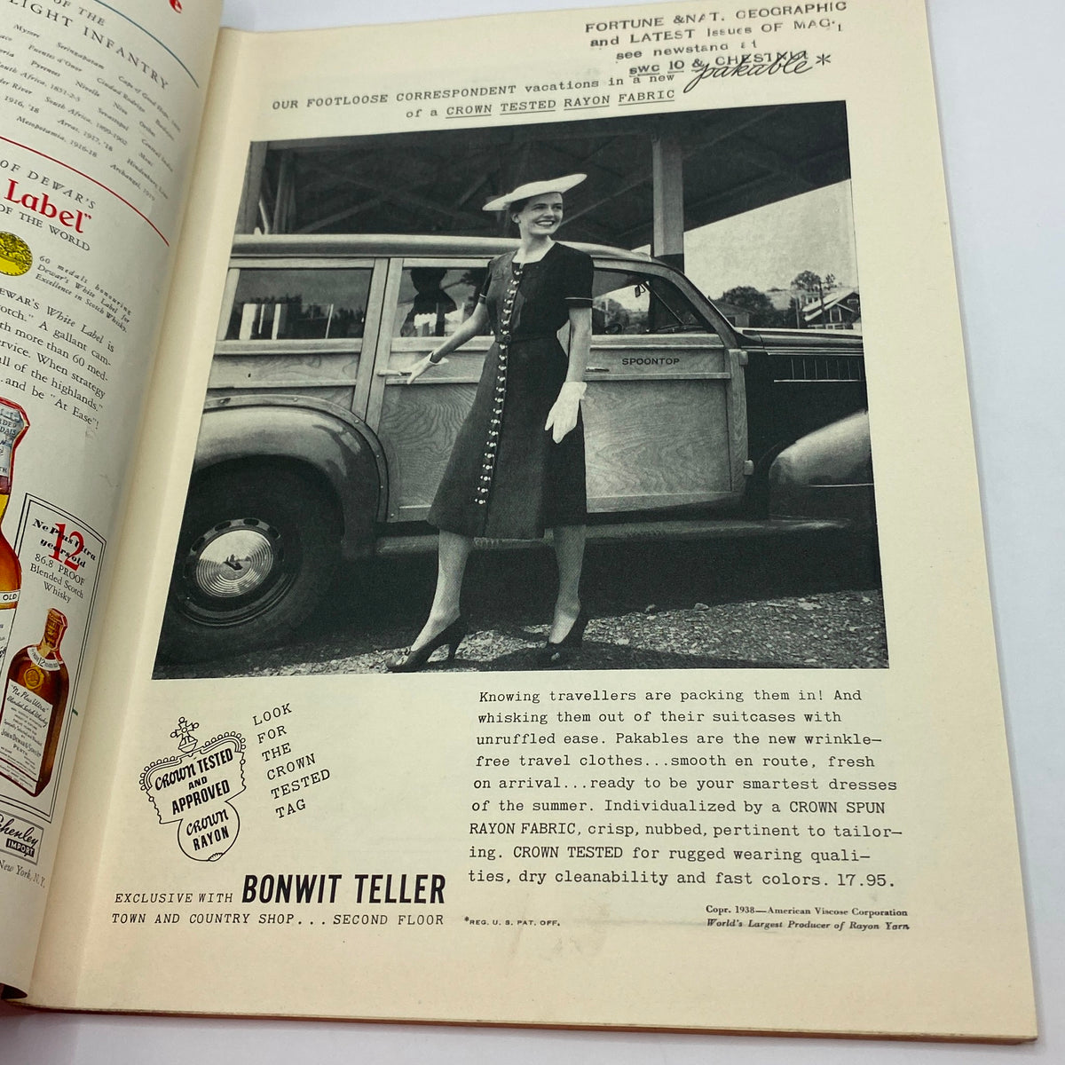 An advertisement from The New Yorker magazine June 4, 1938, featuring a stylish woman in a travel outfit standing next to a vintage car, promoting a brand of rayon fabric.