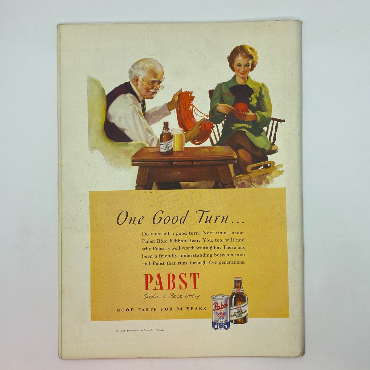 An advertisement featured in The New Yorker magazine from June 4, 1938, showcasing a scene with two individuals knitting, promoting Pabst Blue Ribbon Beer.