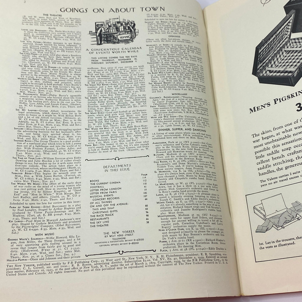 Interior page of The New Yorker Complete Magazine December 2, 1939 featuring 'Goings On About Town' section and department listings.