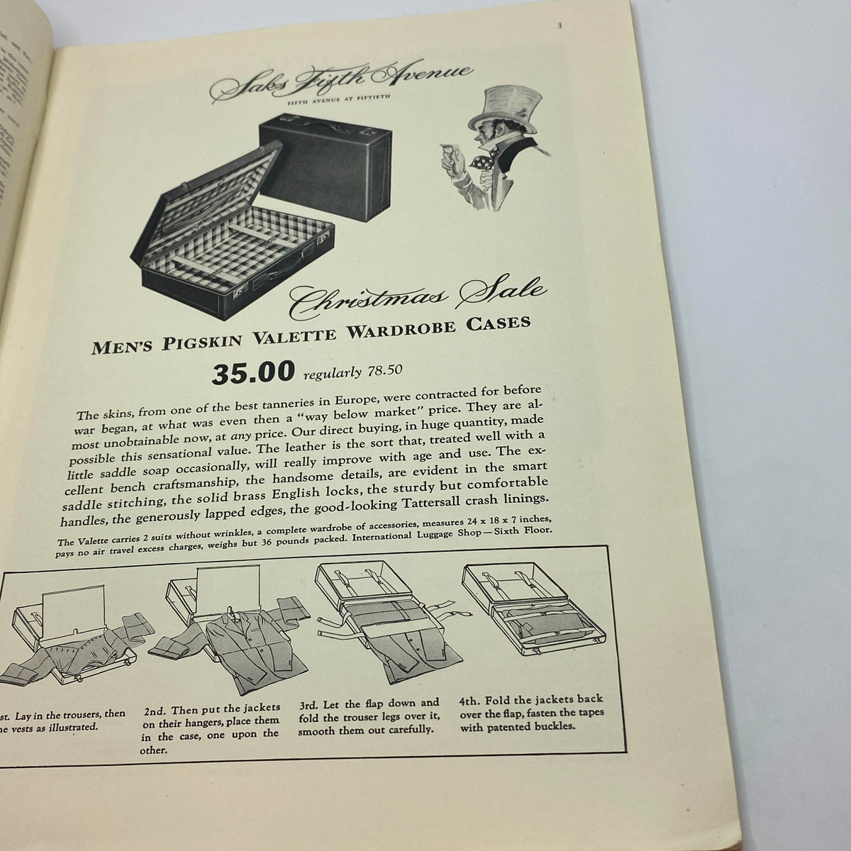 Vintage advertisement from The New Yorker magazine featuring a Christmas Sale on Men's Pigskin Valette Wardrobe Cases with detailed descriptions and illustrations.