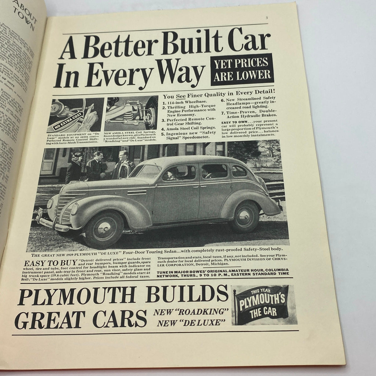 Advertisement page from The New Yorker Complete Magazine January 14, 1939, featuring a promotional piece for Plymouth cars, emphasizing the quality and features of the 1939 model.