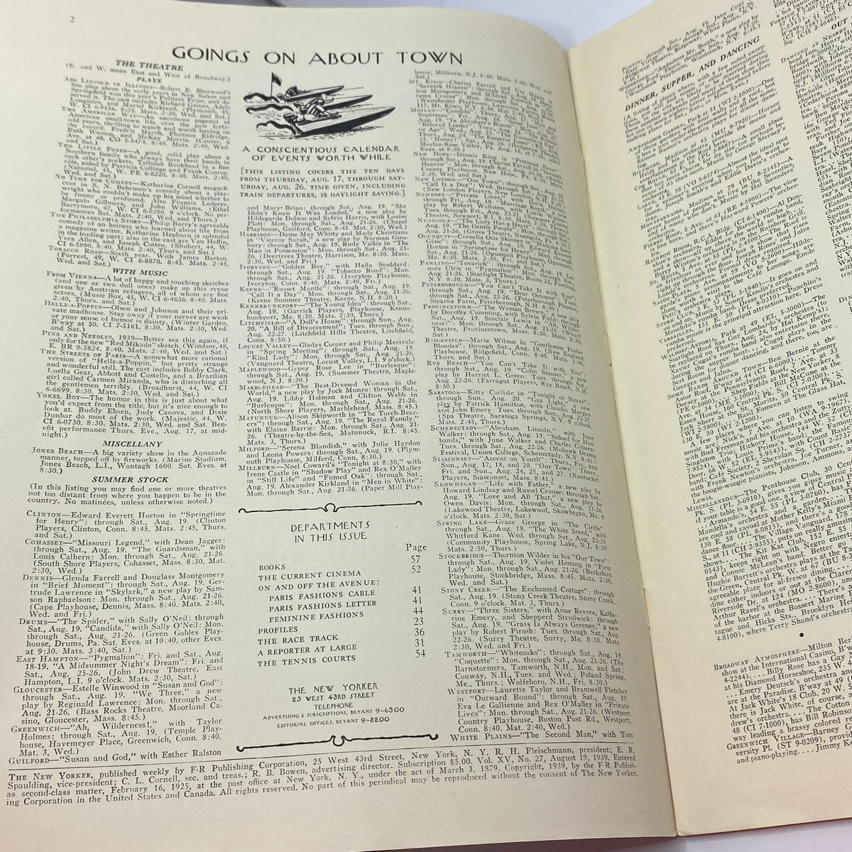 Interior page of The New Yorker Complete Magazine August 19, 1939, featuring 'Goings on About Town' with event listings and illustrations.