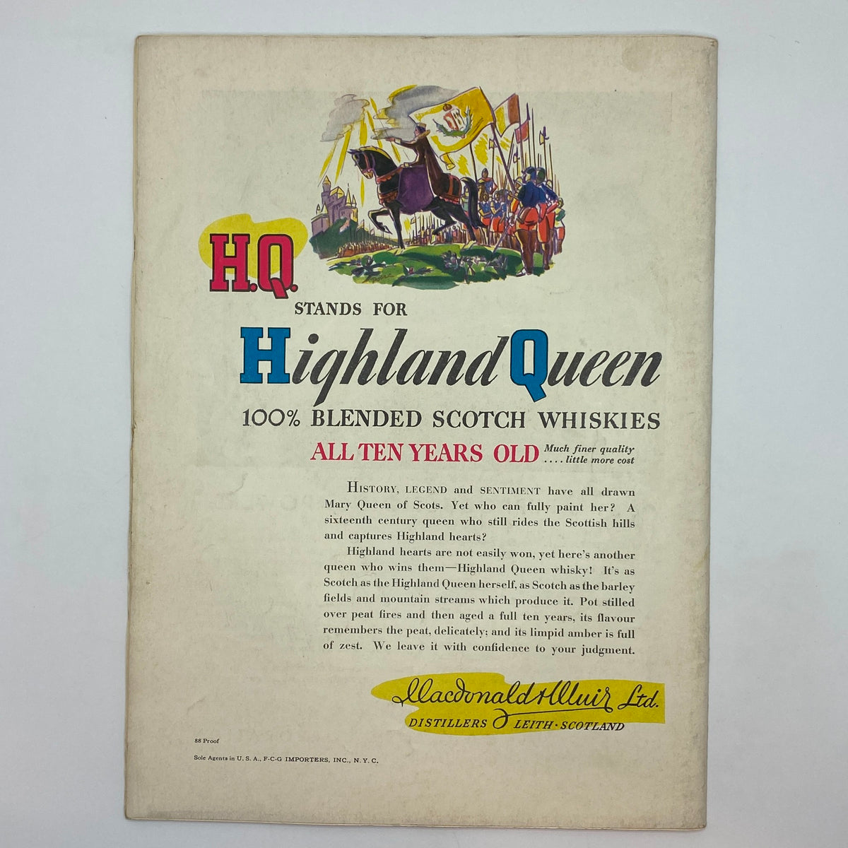 Advertisement for Highland Queen Scottish Whisky from The New Yorker Complete Magazine August 19, 1939, showcasing colorful illustrations and branding.
