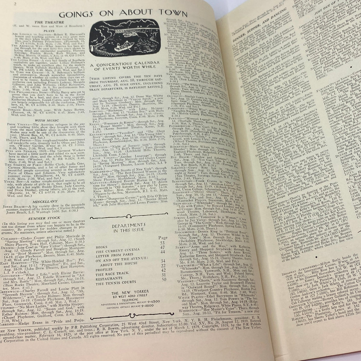 Inside page of The New Yorker Complete Magazine August 12, 1939 featuring the 'Goings on About Town' section highlighting theatrical events and cultural happenings.